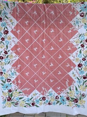 Vintage Simtex Floral Flower Tablecloth Linen Rectangle 68 X 50 MCM